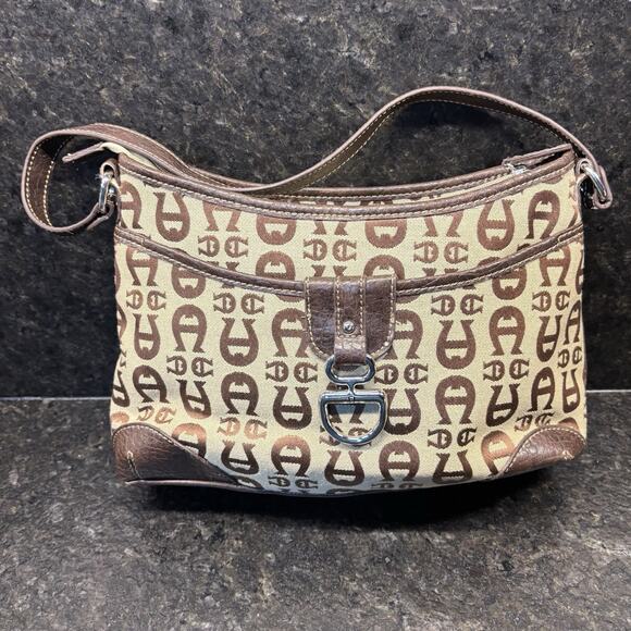 Vintage Etienne Aigner Logo Medium Hand Bag Pockets Canvas Leather Trim - Picture 1 of 8